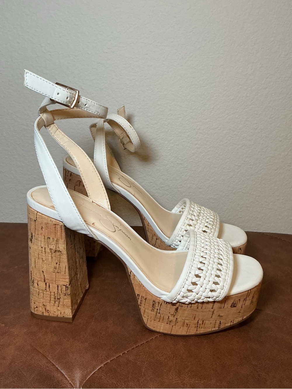 White Woven Platform Sandals with Cork Block Heel